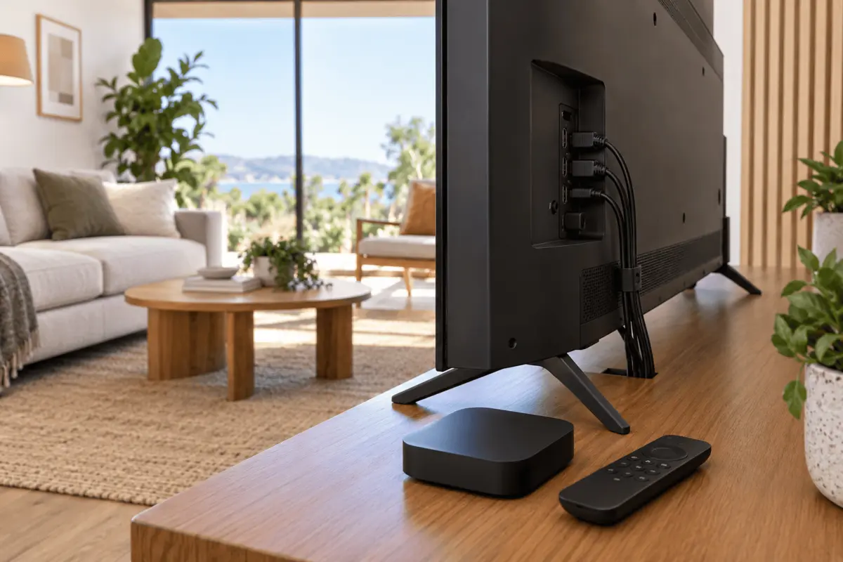 Box de streaming ligada a uma Smart TV numa sala moderna em Portugal