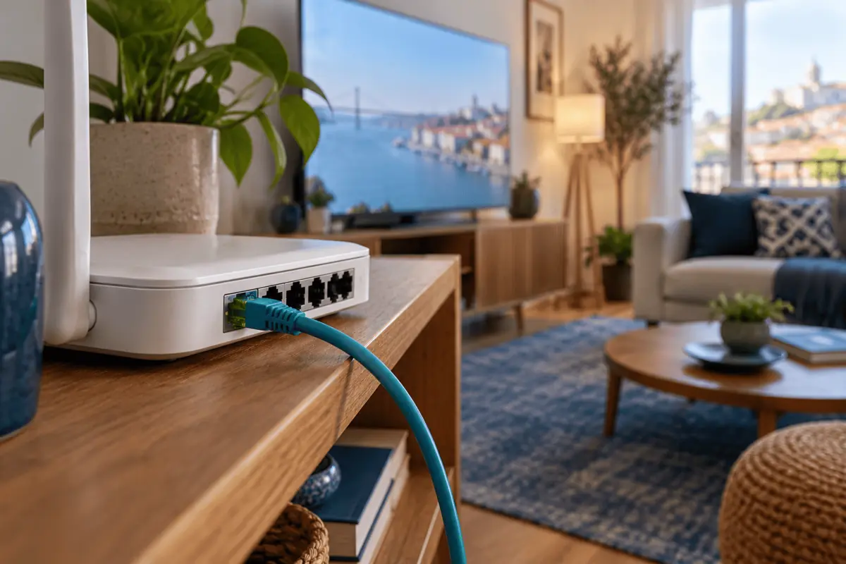 Router doméstico com cabo Ethernet ligado para streaming estável