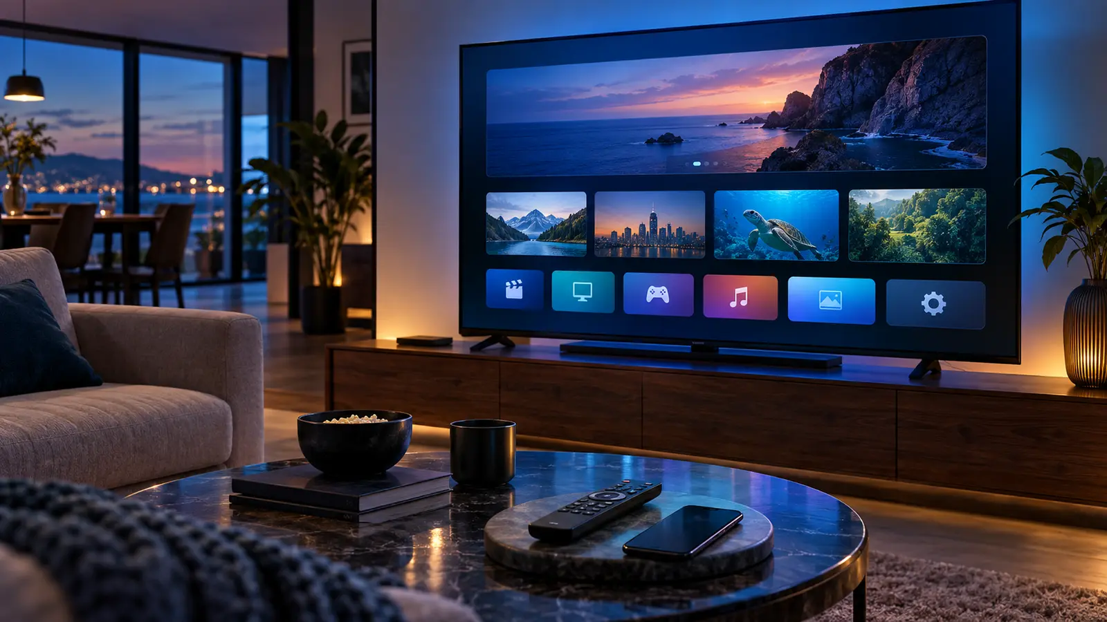 Smart TV numa sala moderna para comparar aplicações IPTV